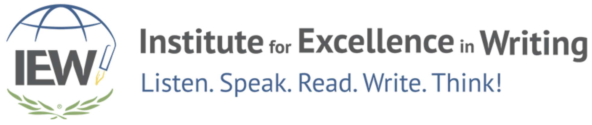 Logo of the Institute for Excellence in Writing featuring a globe, a pencil, and laurel leaves, with the motto 'Listen. Speak. Read. Write. Think!'