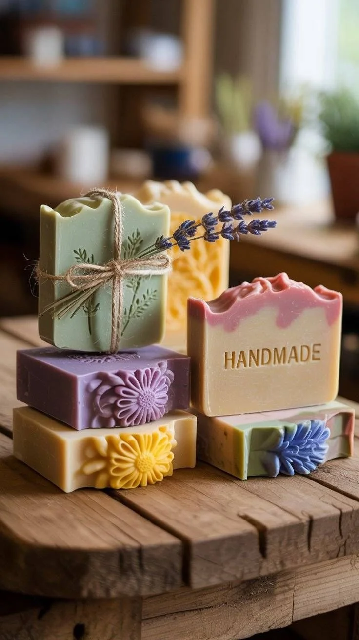 Colorful handmade soap bars with floral and botanical designs, placed on a wooden surface, some wrapped with string and decorated with lavender.