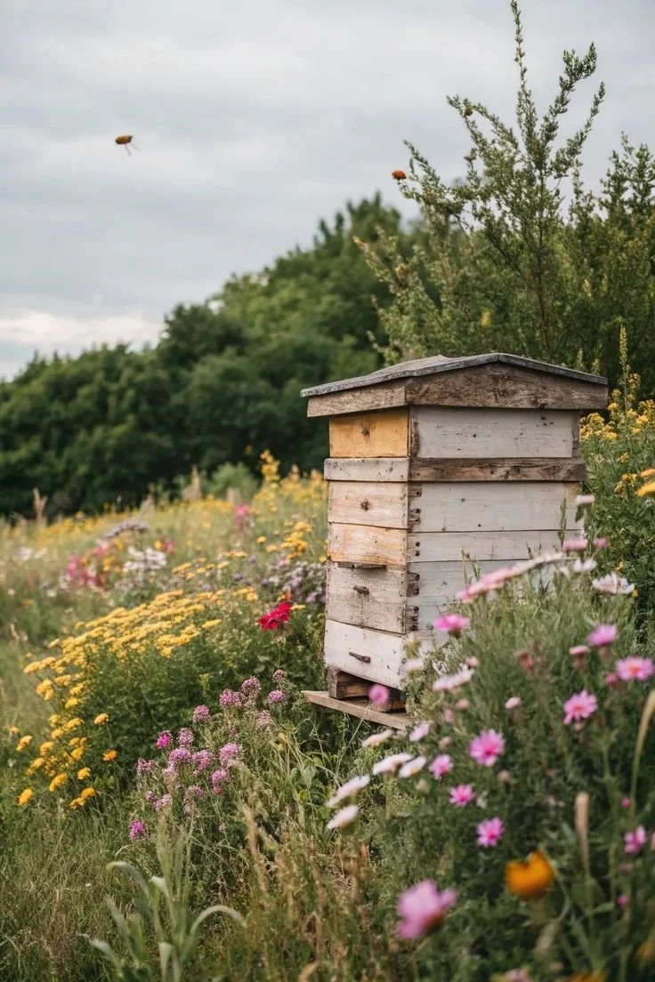 Wooden beehive in a field of colorful wildflowers with a cloudy sky and some trees in the background.