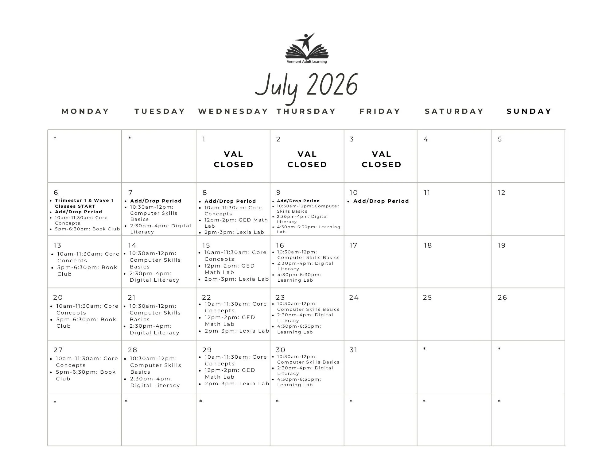 July nonprofit educational institution student-facing calendar created by Fiadhnait Moser showing logo of book and leaping learner with calendar grid showing learning center activities and operations