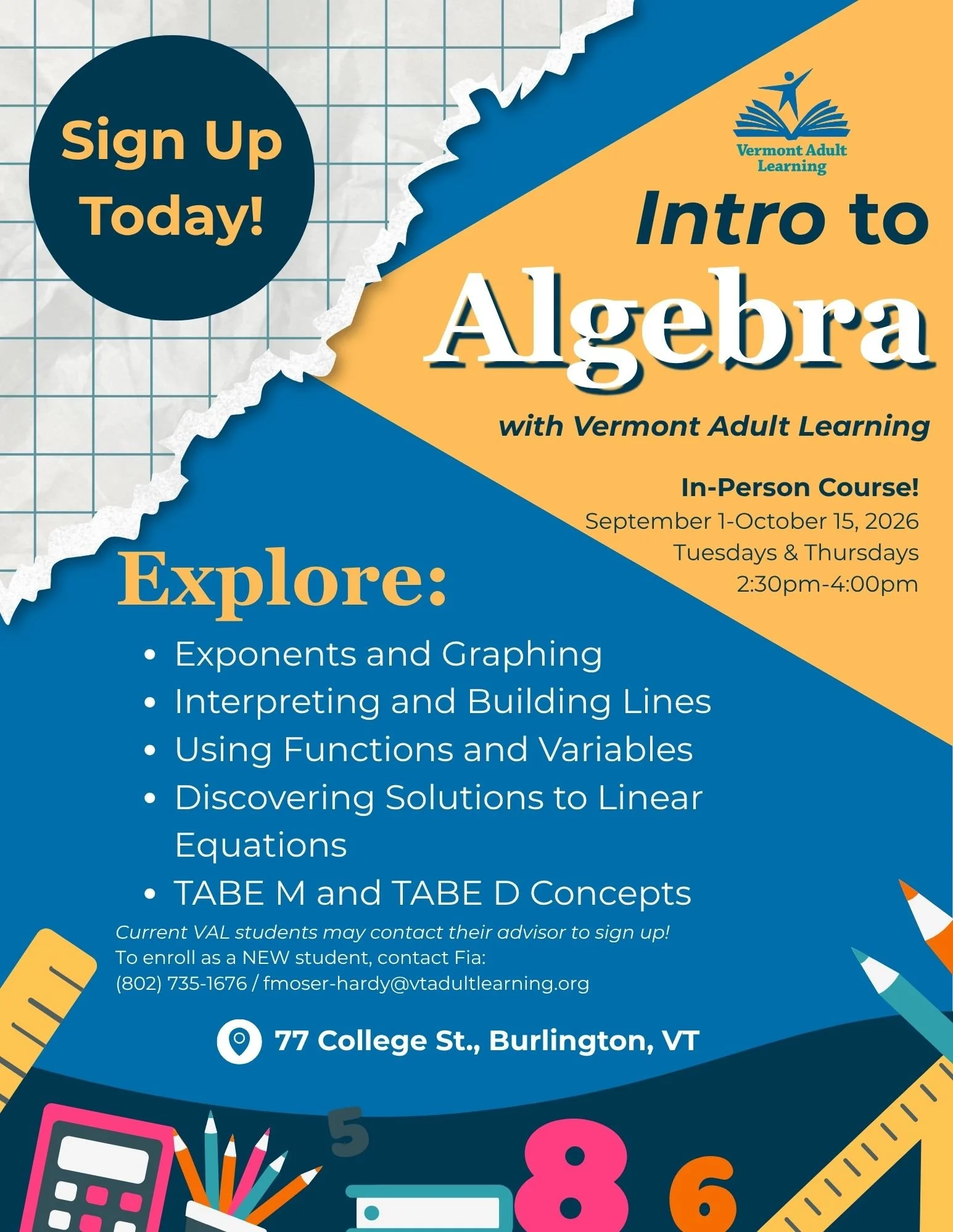 Vermont Adult Learning Nonprofit Educational Programming Flyer: Intro to Algebra