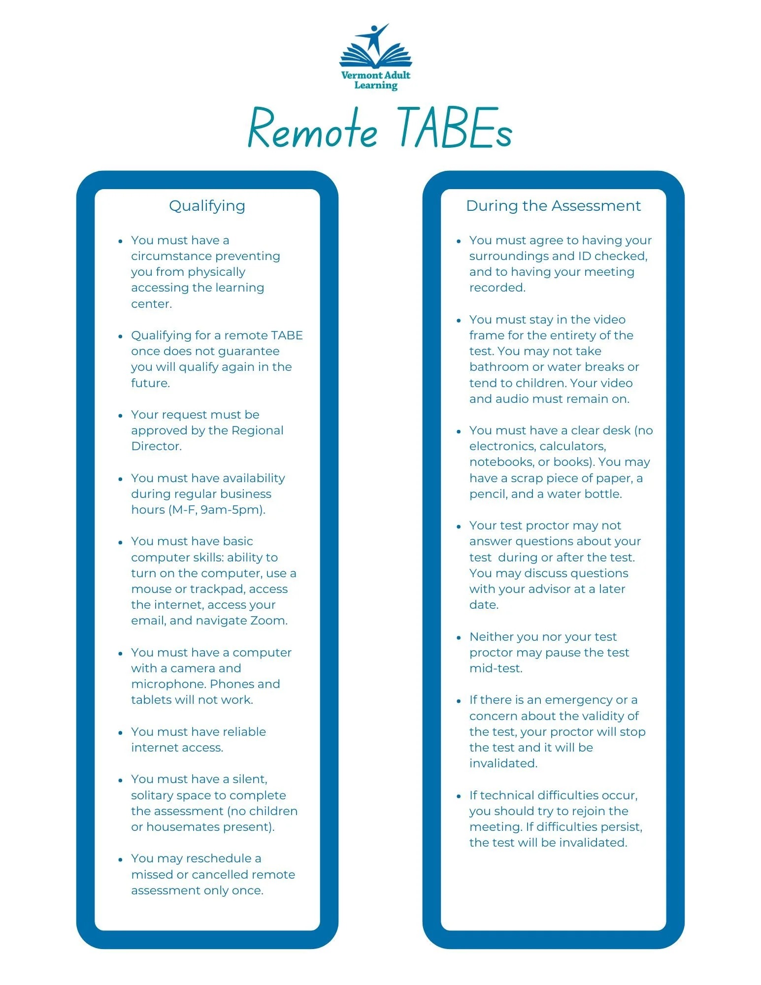 Vermont Adult Learning Client-Facing Information: Remote TABEs