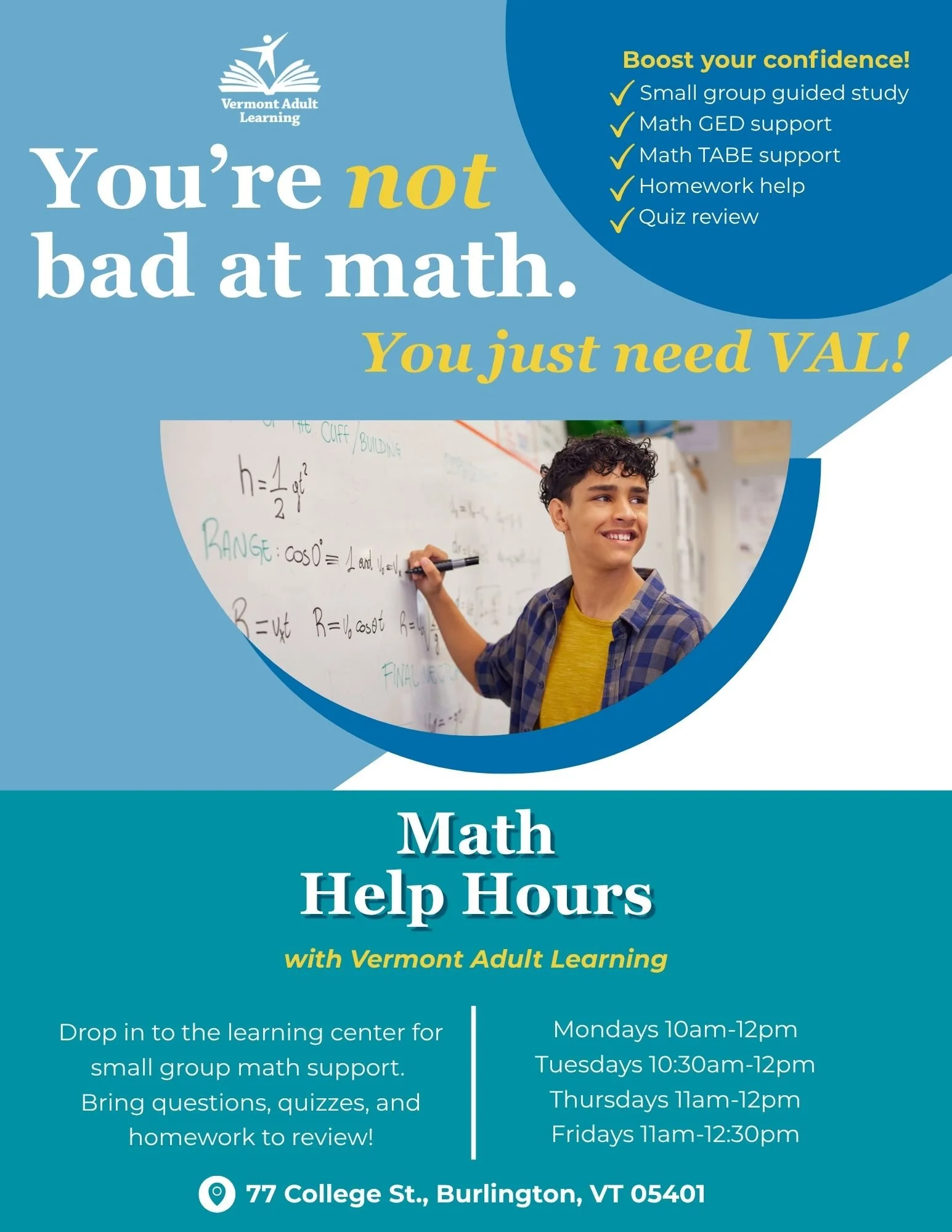 Vermont Adult Learning Nonprofit Educational Programming Flyer: Math Help Hours