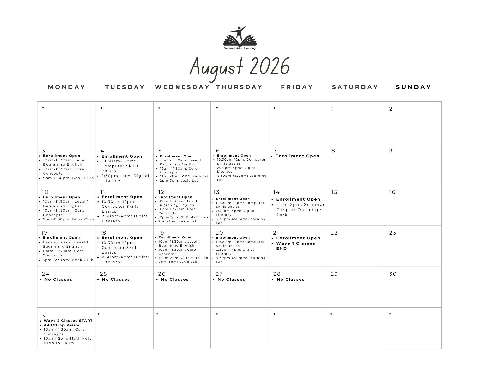 August nonprofit educational institution student-facing calendar created by Fiadhnait Moser showing logo of book and leaping learner with calendar grid showing learning center activities and operations