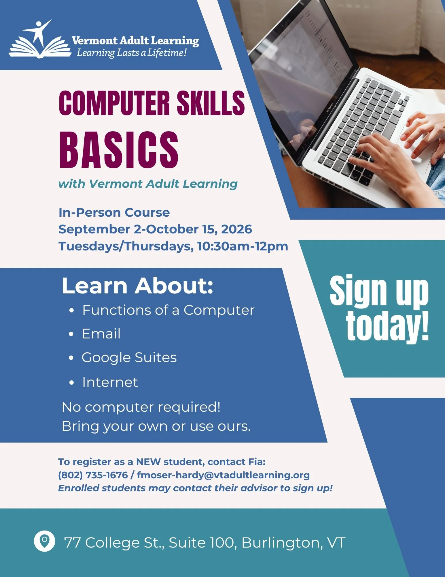 Vermont Adult Learning Nonprofit Educational Programming Flyer: Computer Skills Basics