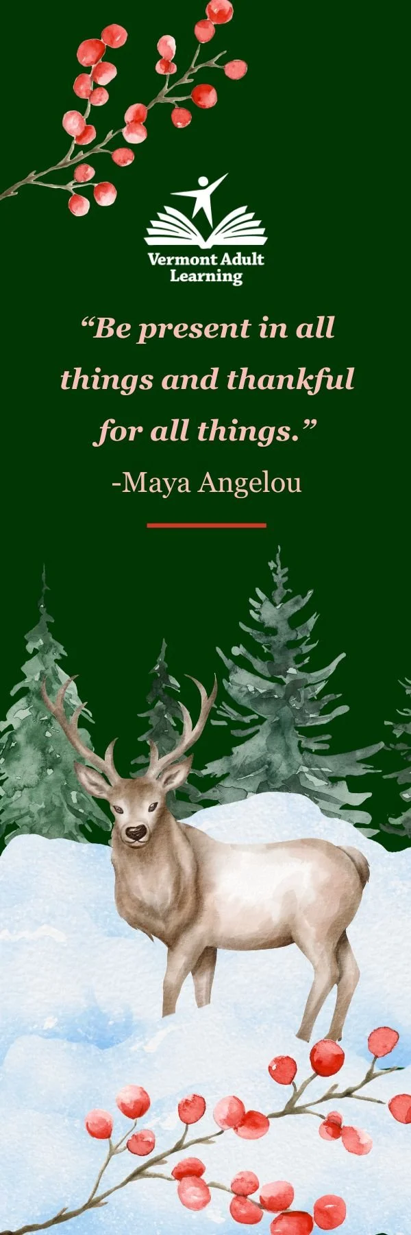 Vermont Adult Learning Nonprofit Educational Institution Seasonal Book Club Bookmark: Noveber/December