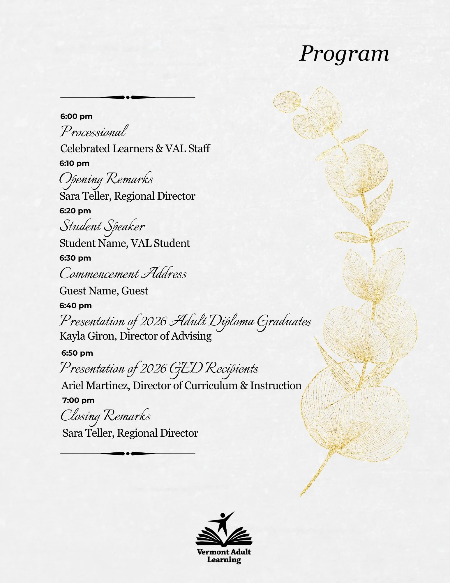 Vermont Adult Learning Graduation Ceremony Program (Page 2/4) (Incomplete/Event Work-in-Progress)