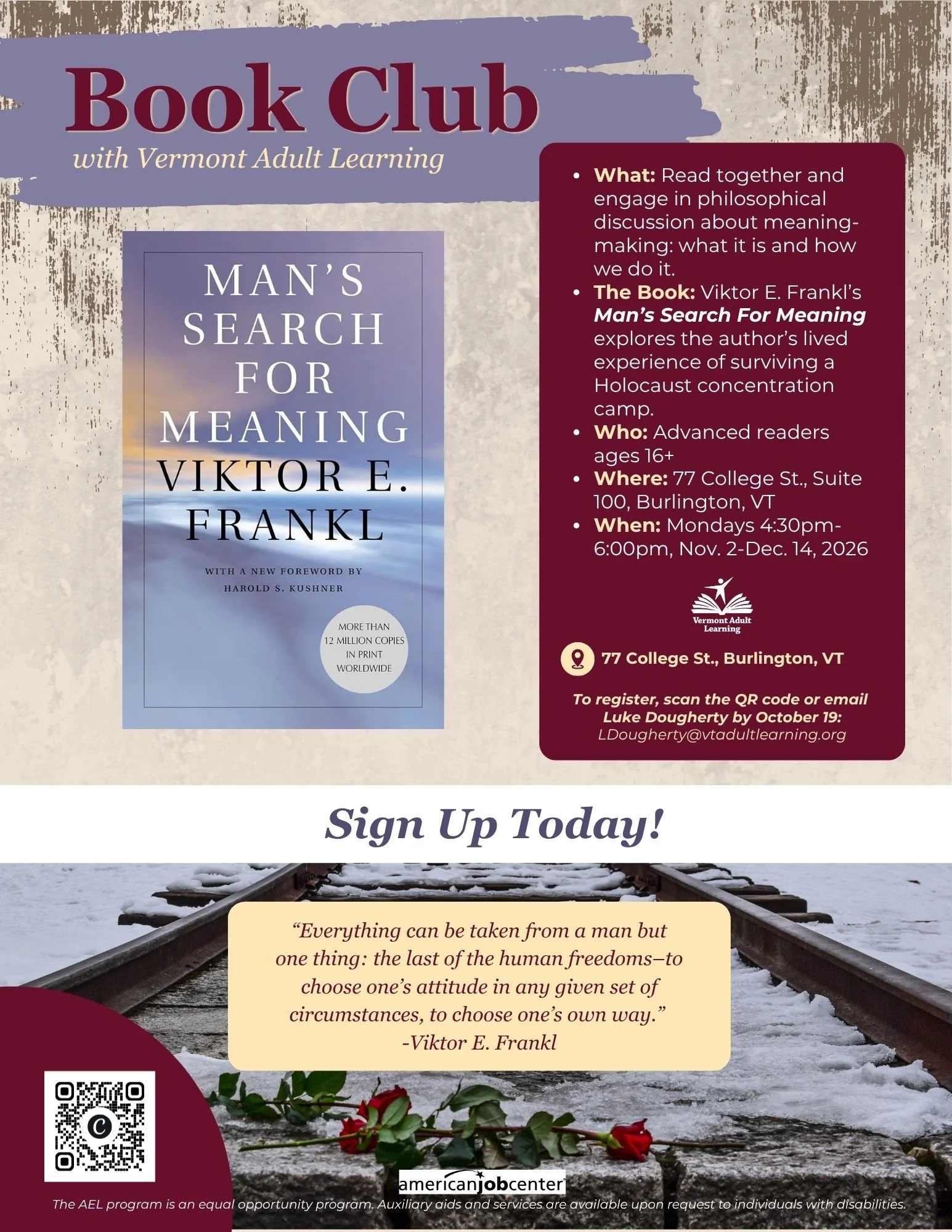 Vermont Adult Learning Nonprofit Educational Programming Flyer: Book Club