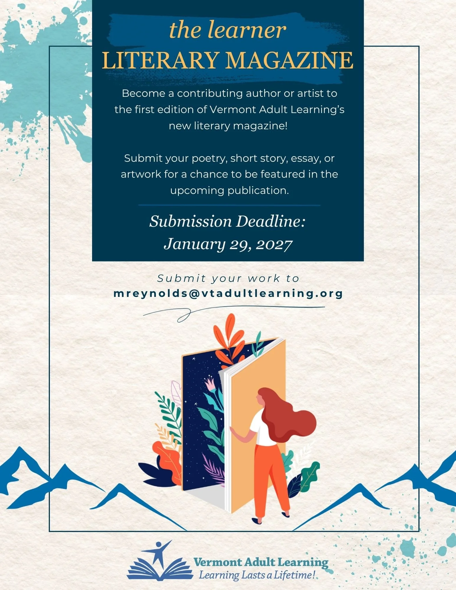 Vermont Adult Learning Nonprofit Educational Institution Flyer: Literary Magazine Call for Submissions