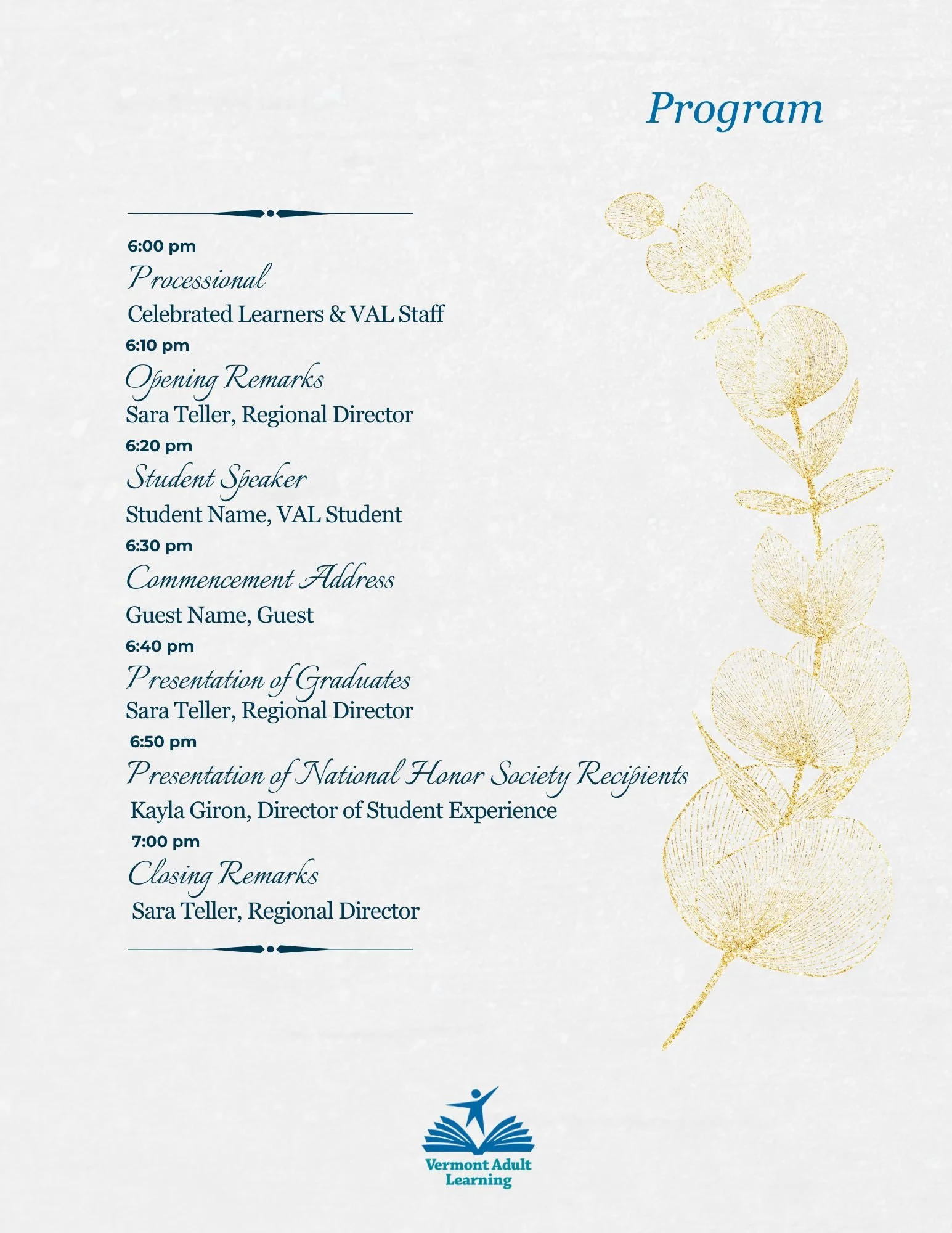 Vermont Adult Learning Graduation Ceremony Program (Page 2/5) (Incomplete/Event Work-in-Progress)