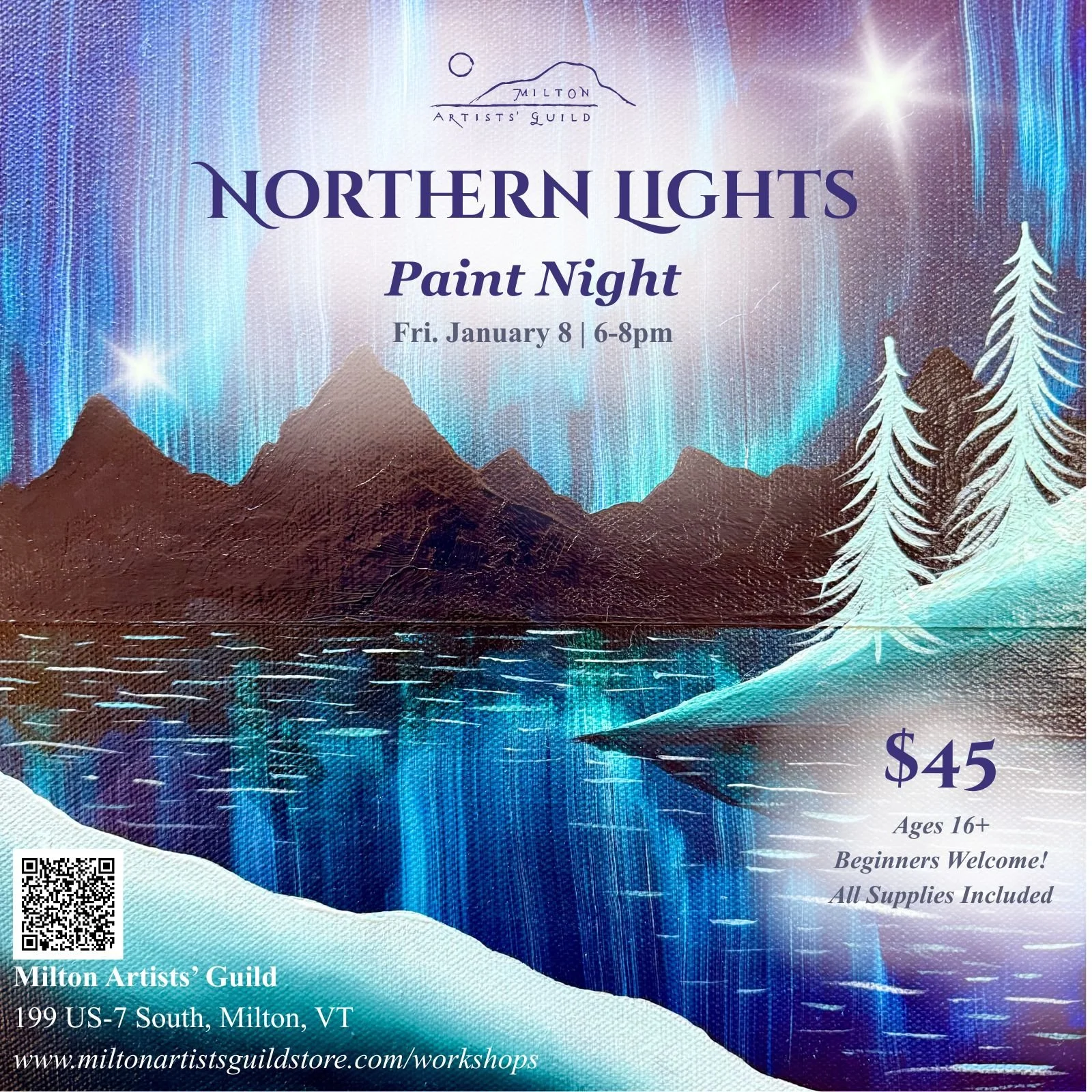 Milton Artists' Guild Nonprofit Flyer/Post: Northern Lights Paint Night