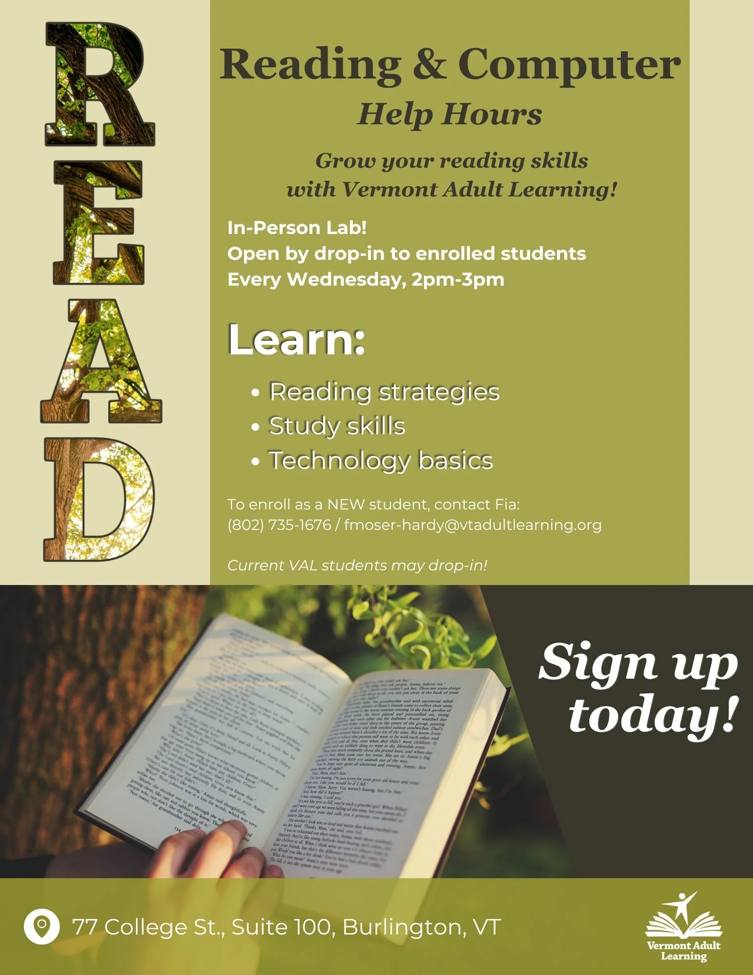 Vermont Adult Learning Nonprofit Educational Programming Flyer: Reading & Computer Help Hours