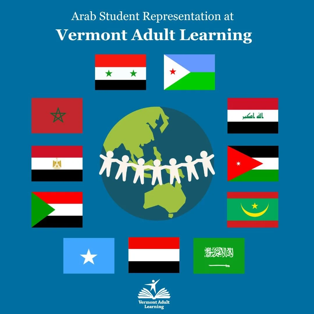 April is Arab Americans Heritage Month. Vermont Adult Learning is proud to represent learners who come to us from around the globe. 4.56% of current VAL students hail from Arab countries including Djibouti, Egypt, Iraq, Jordan, Mauritania, Morocco, S