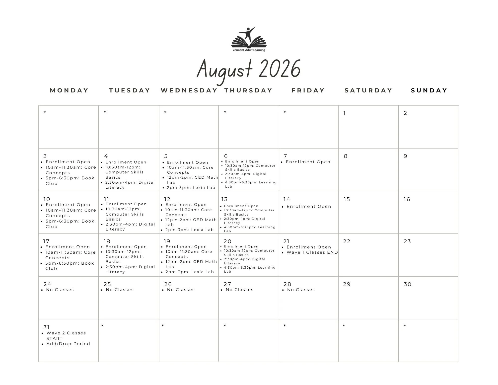 Nonprofit Educational Institution Client-Facing Calendar Communications by Fiadhnait Moser August Events