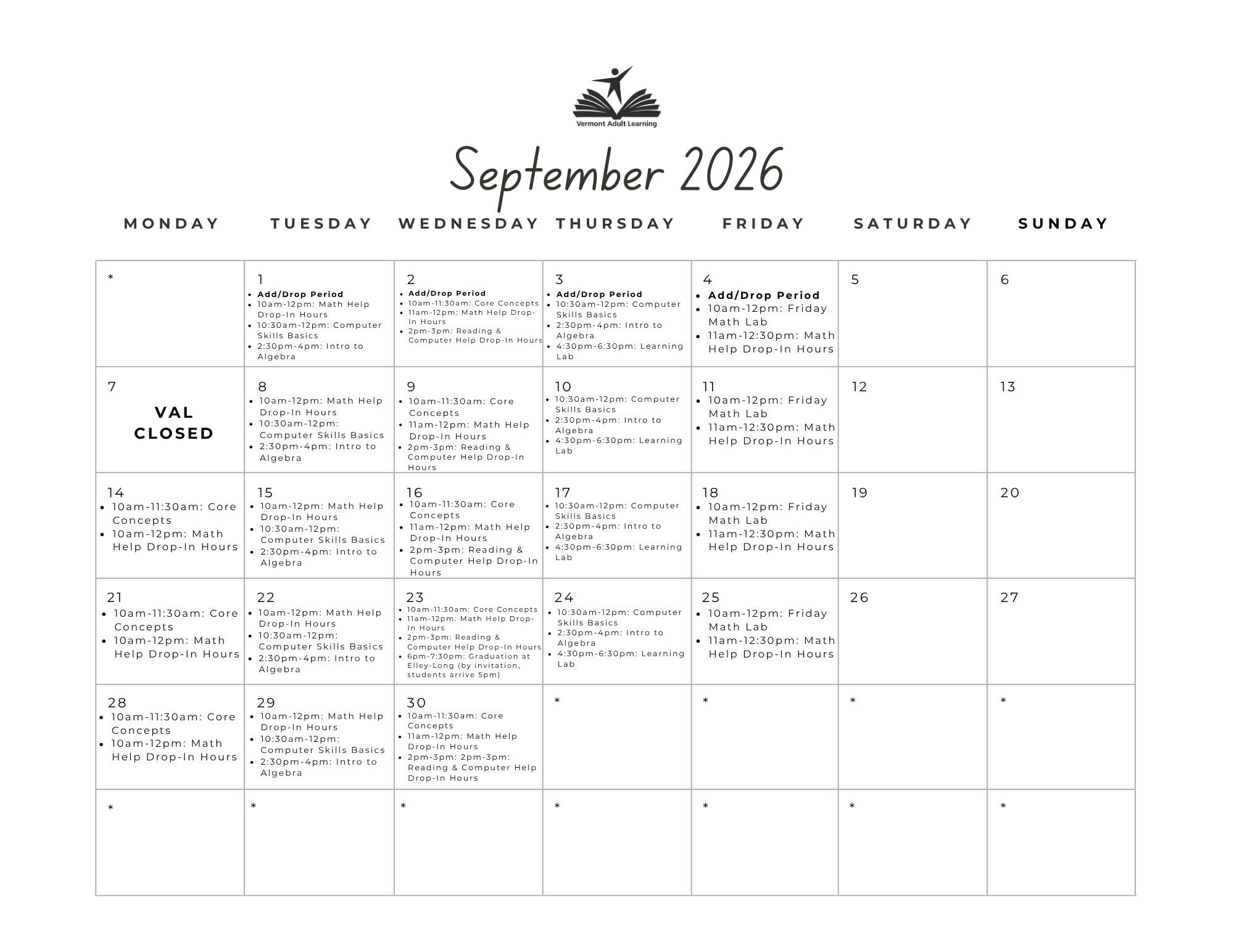 September nonprofit educational institution student-facing calendar created by Fiadhnait Moser showing logo of book and leaping learner with calendar grid showing learning center activities and operations