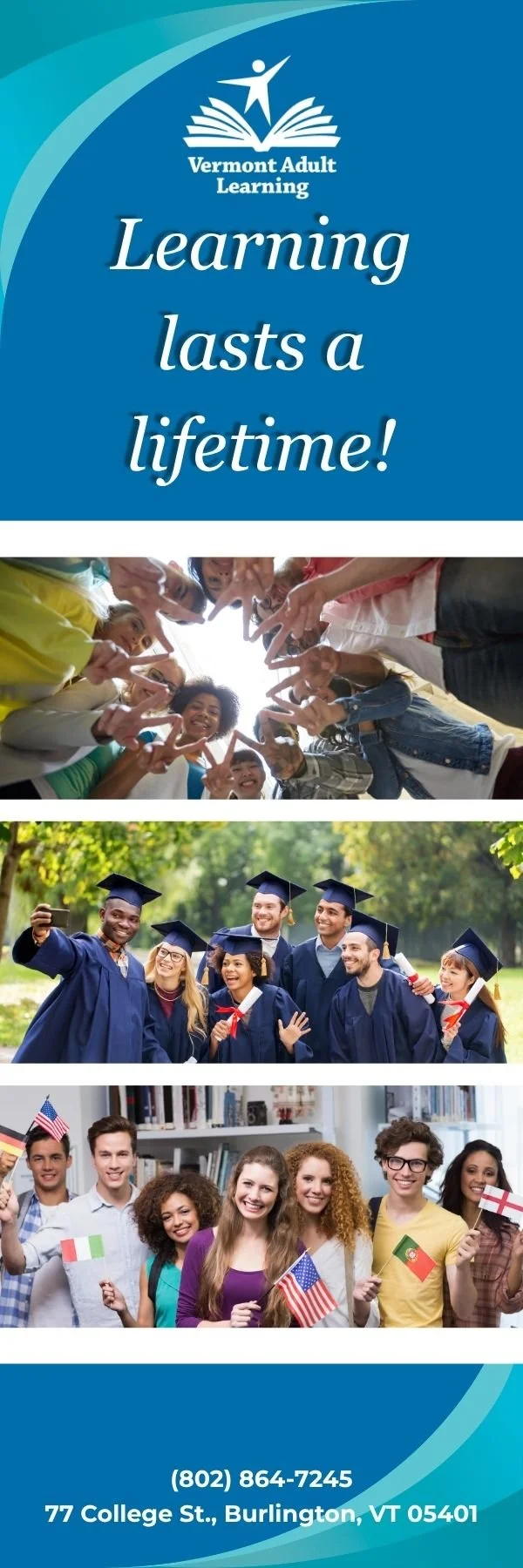 Vermont Adult Learning Nonprofit Educational Institution Bookmark: Community  Education/High School Diploma/English Language Learning Program Promotion