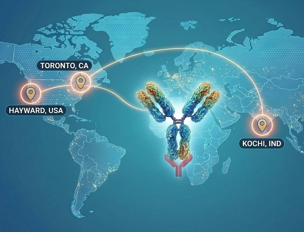 a computer-generated image showing a map of the world with 3 cities highlighted, Hayward USA, Toronto Canada, and Kochi India, all linked to Y-shaped antibody model
