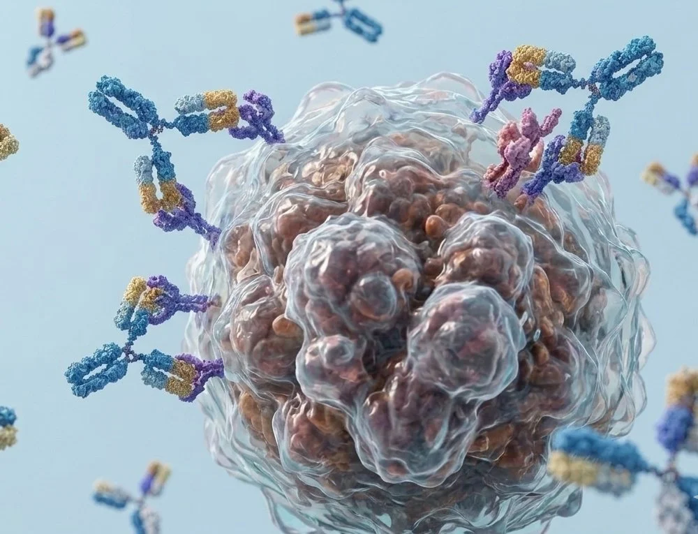 A computer-generated color image depicting a cancer cell with receptors on its surface that are binding to antibodies present in the fluid surrounding the cell