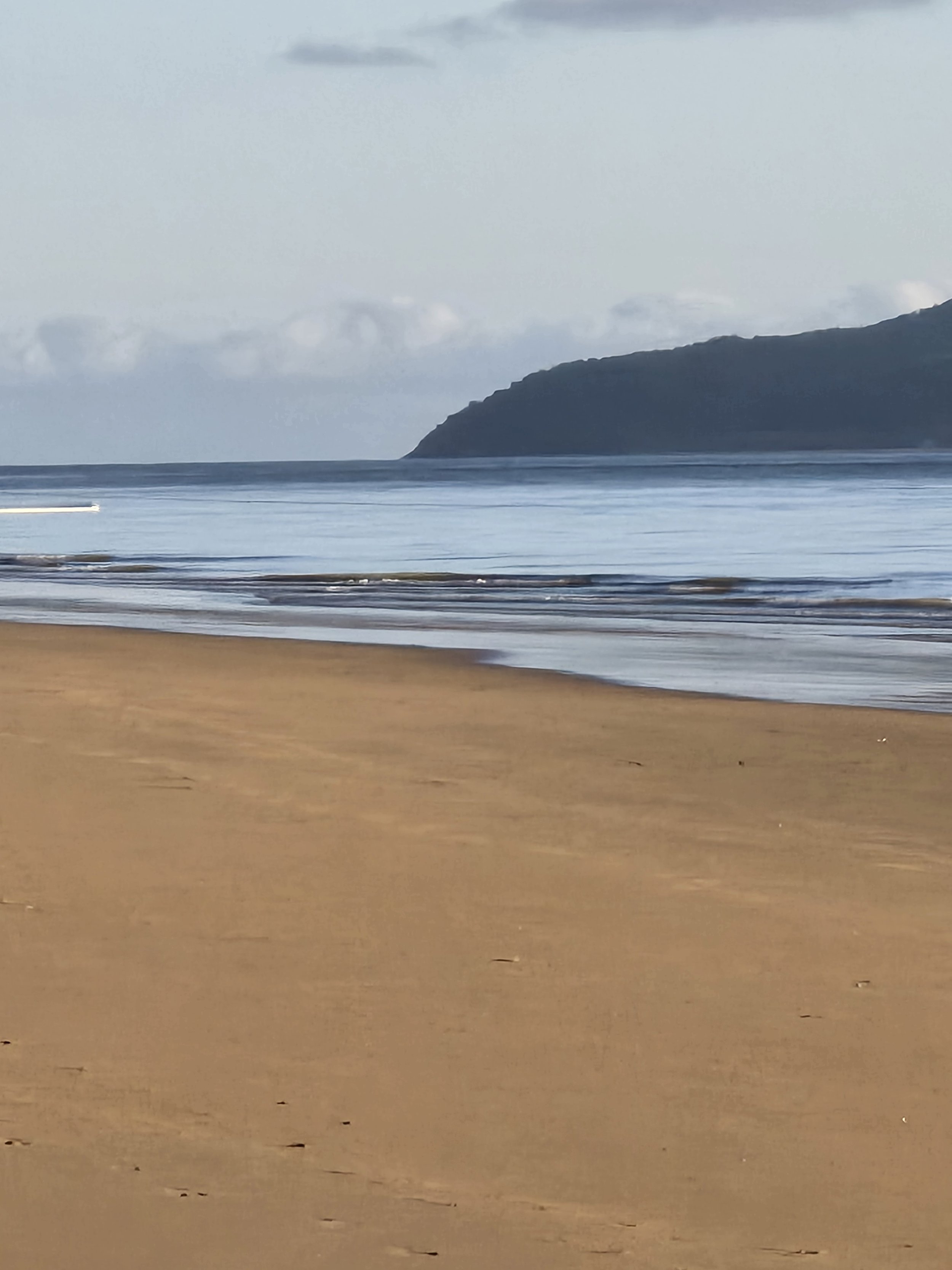 A beach with wet sand in the foreground, calm ocean water in the middle, and a large, dark mountain or hill in the background under a cloudy sky.