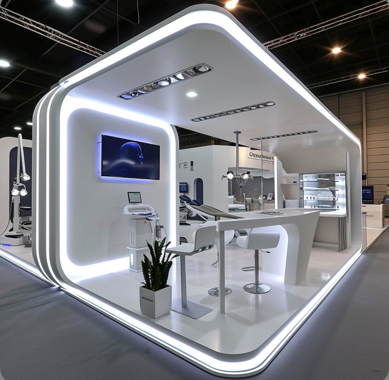 A modern exhibition booth with a white and futuristic design, featuring medical equipment, a chair, a monitor, and a plant.