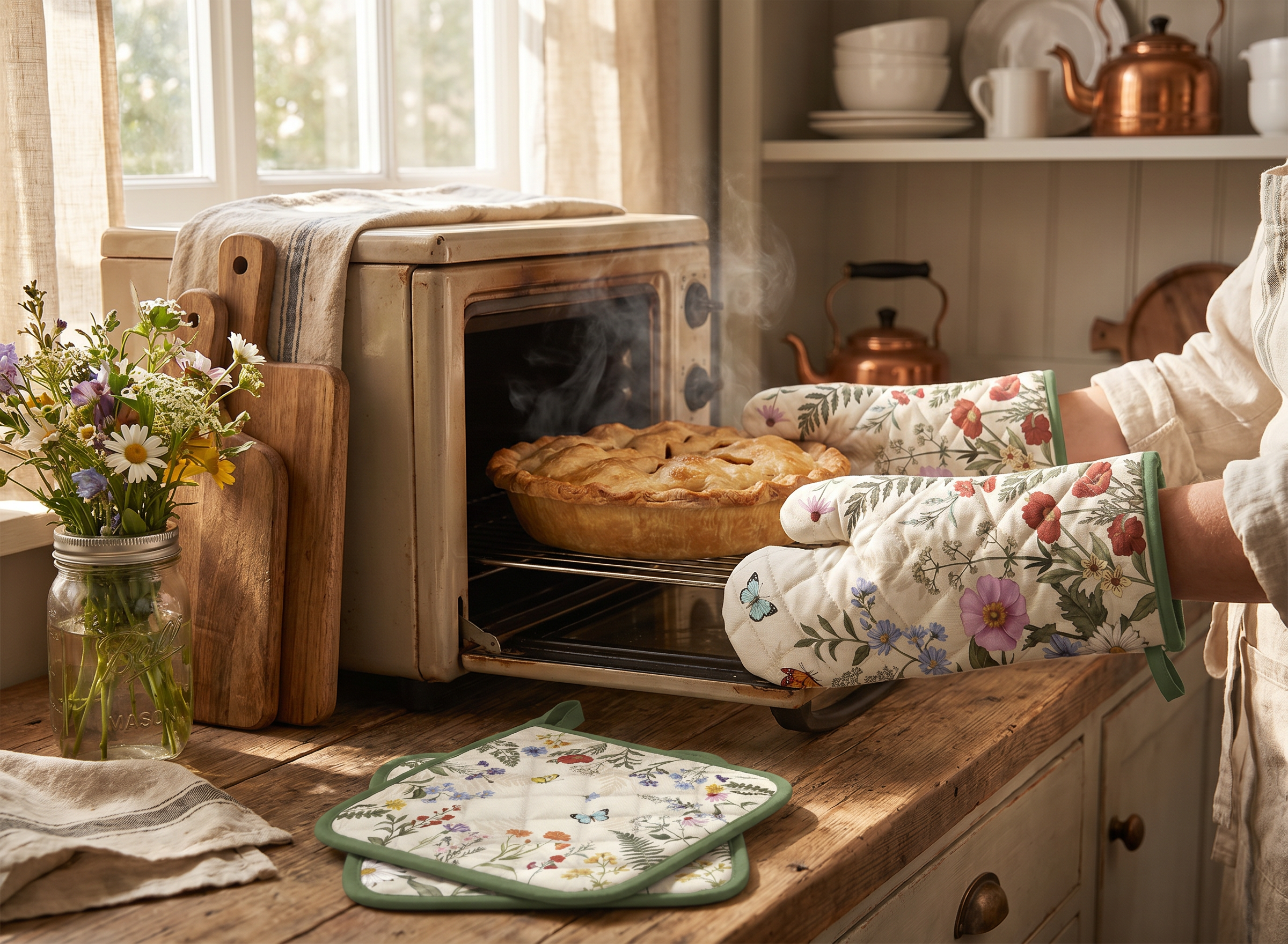 Floral Grass Oven Mitts and Pot Holders Sets 100% Cotton