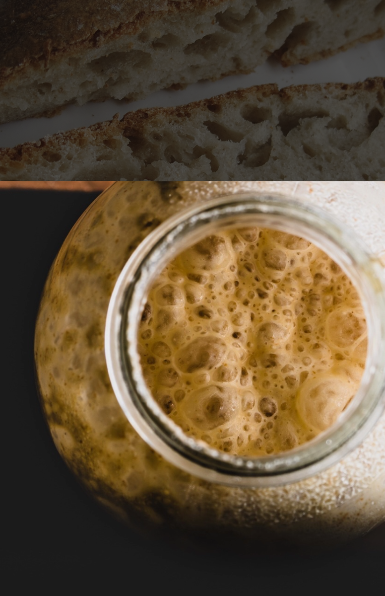 Close-up of a sourdough starter, with slices of sourdough bread in the background.