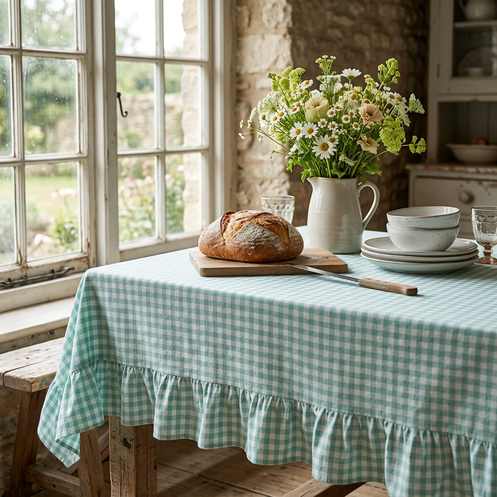 Spa Blue White Plaid Gingham Ruffled Table Cloth