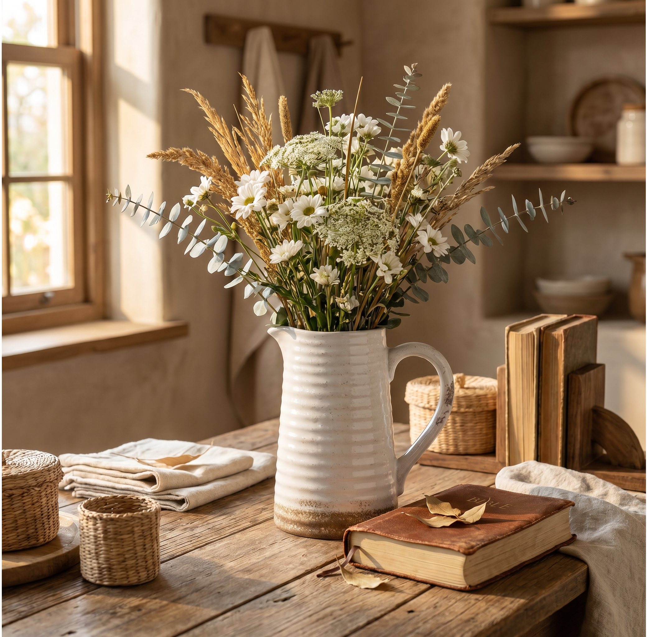 Ceramic Rustic Vase with Handle, White 