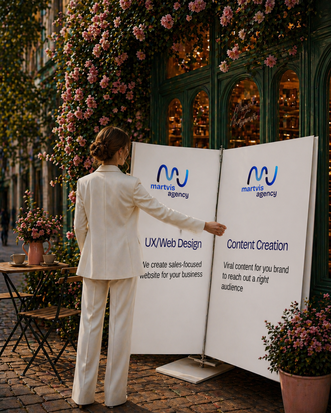 A woman in a white suit points to a large white signboard with a blue logo and text advertising UX/Web Design and Content Creation services outside a storefront decorated with pink flowers.