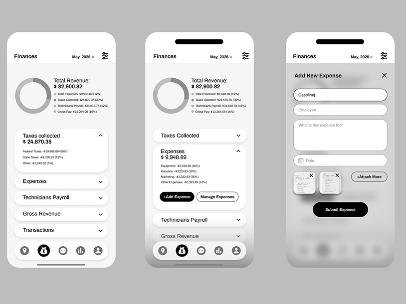 Three mobile screens displaying a financial management app with revenue, taxes, expenses, payroll, and transaction data, including expense entry and submission interfaces.