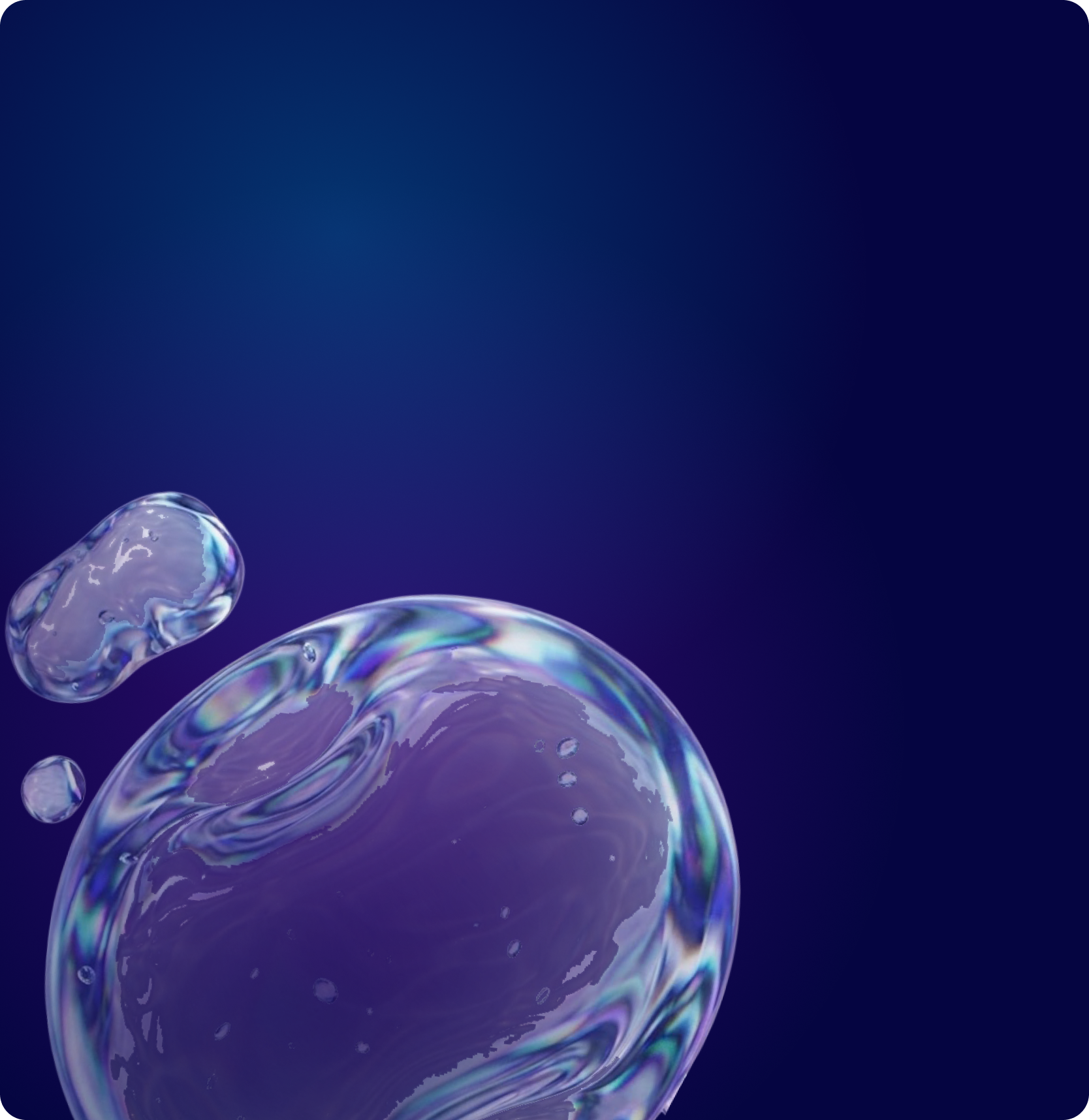 Close-up view of iridescent soap bubbles with swirling colors against a dark blue background.