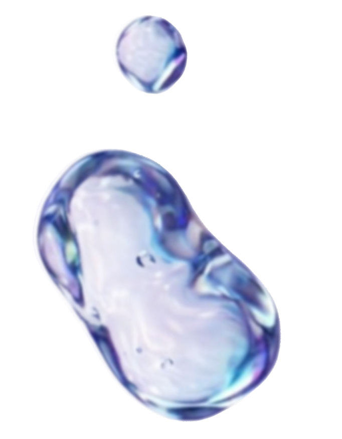 Close-up of a translucent, iridescent water droplet with a larger, more distorted droplet below it.
