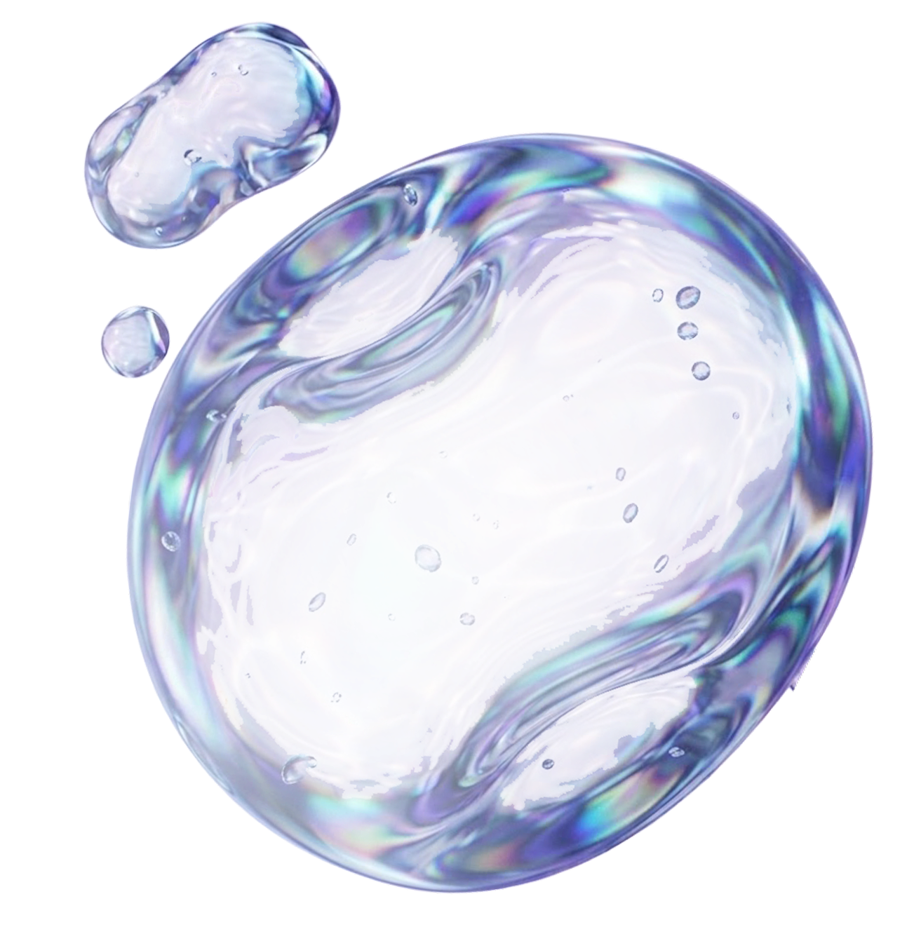 Close-up of a translucent soap bubble with swirling iridescent colors and small water droplets on its surface.
