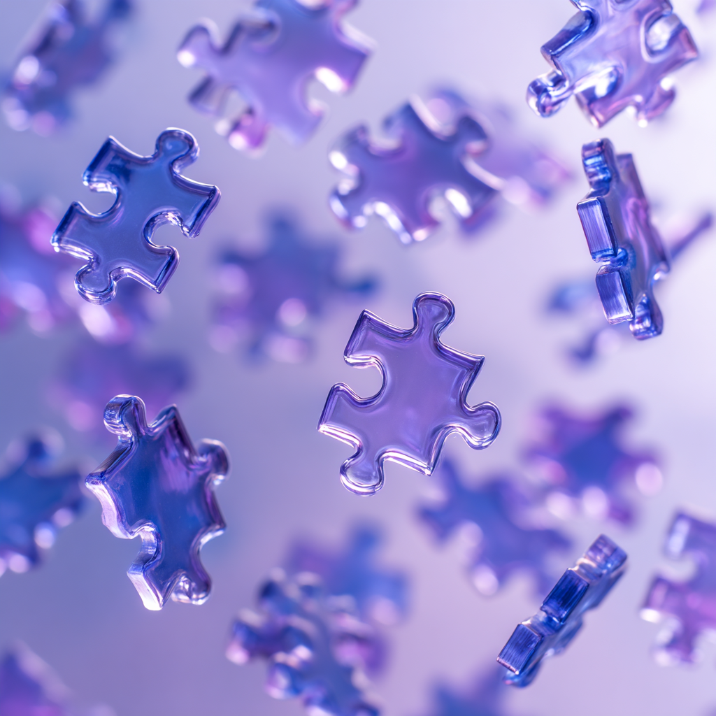 Multiple purple puzzle pieces floating in the air with a blurred background.
