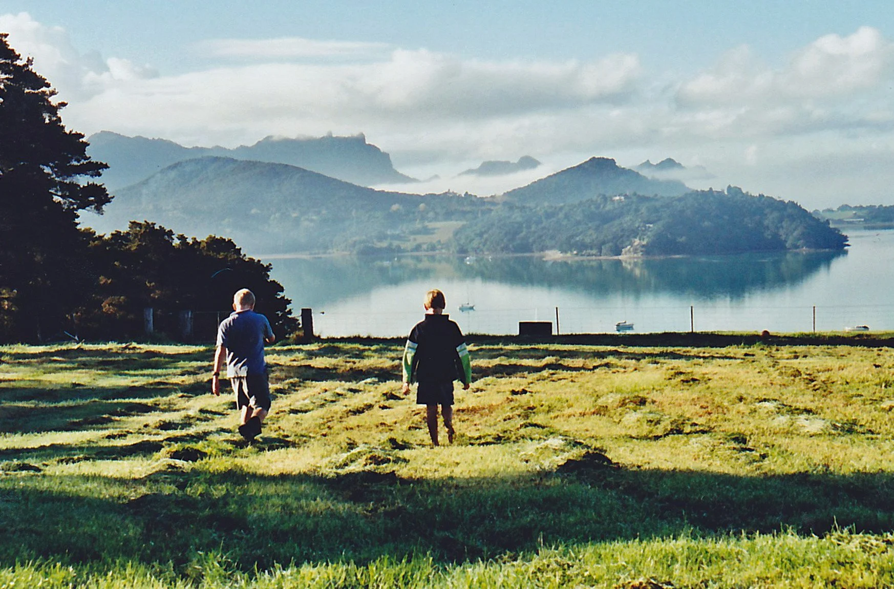 Two children walk across a grassy field towards a lake with mountains in the background, under a partly cloudy sky.