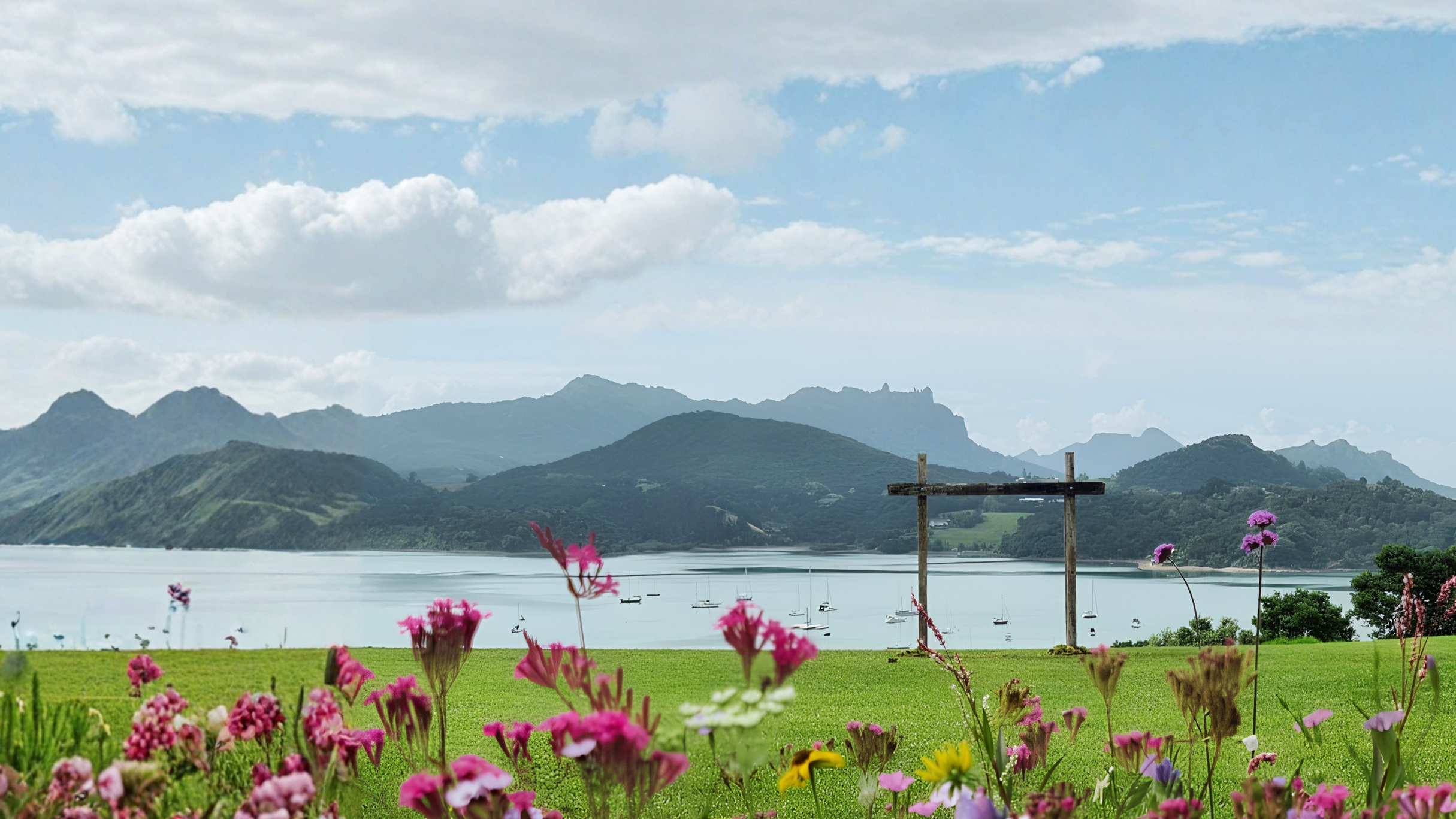 A landscape with a mountain range in the background, a lake with sailboats, and pink flowers in the foreground.