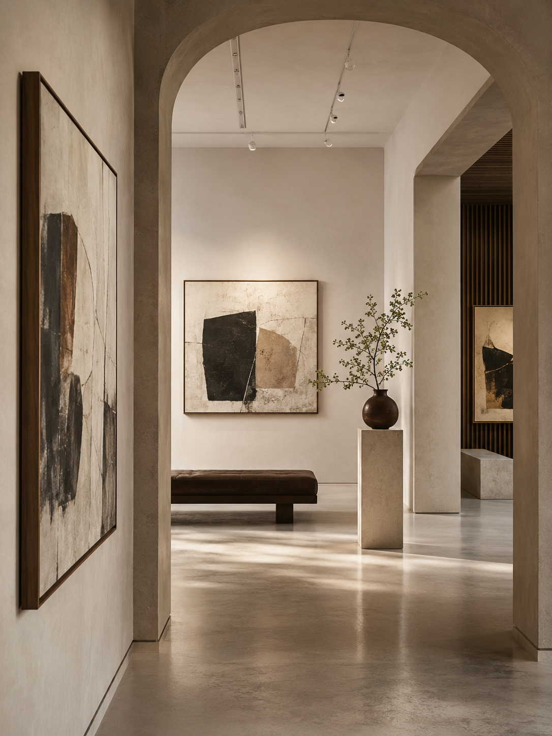 Modern art gallery with beige walls, abstract artwork, a brown bench, a vase with green plant, and wood accents.