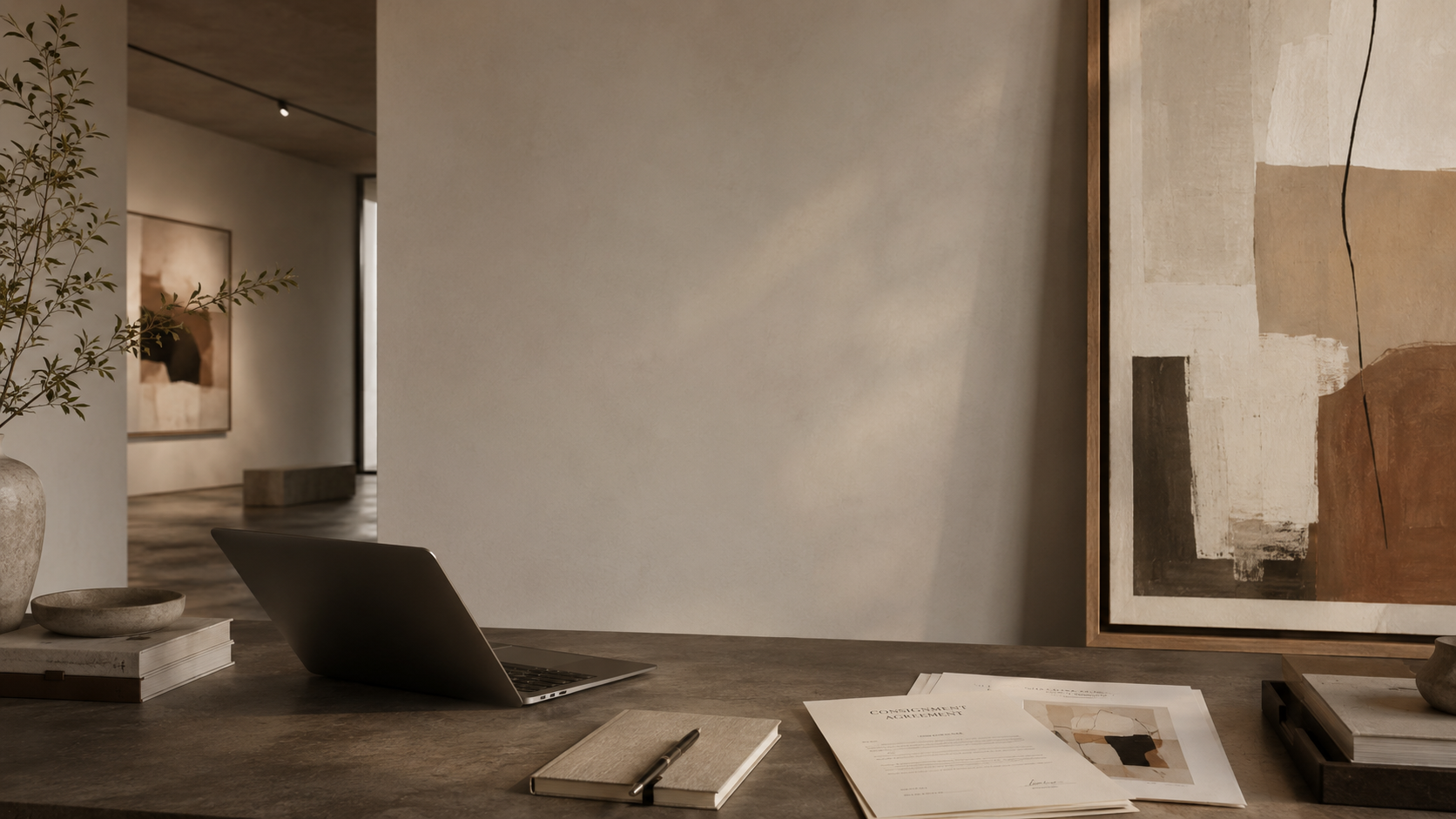 A cozy workspace with a laptop, notebooks, and papers on a wooden desk, decor including a potted plant and abstract art on the wall.