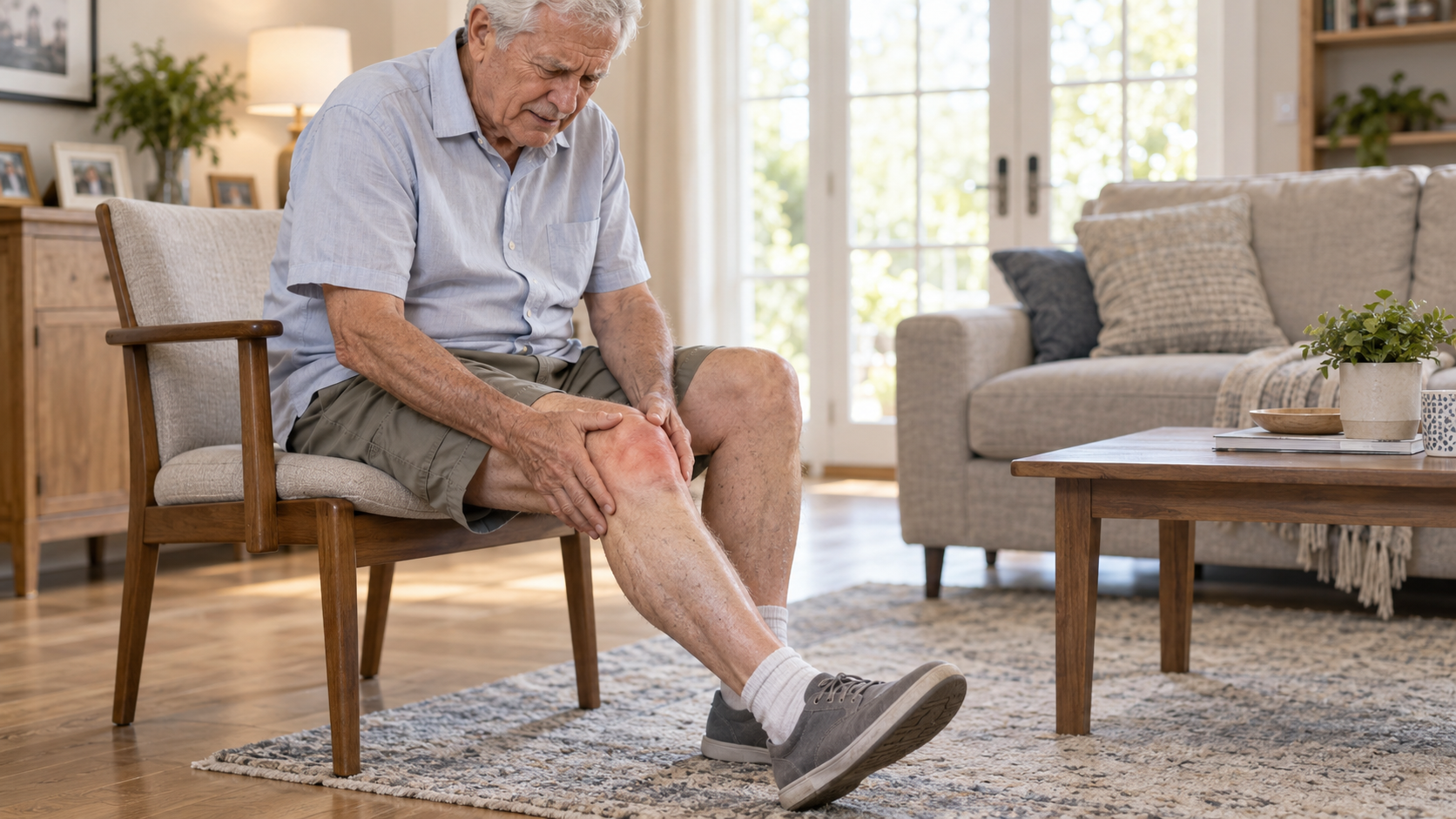 Adulto mayor sentado con dolor y rigidez de rodilla