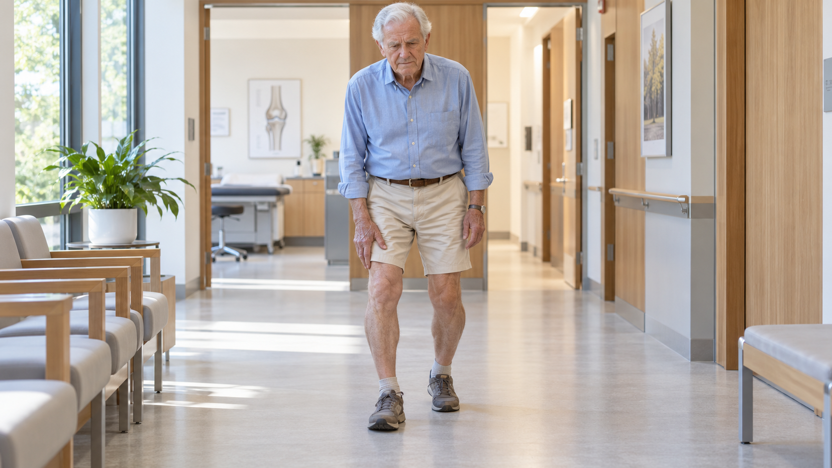 Adulto mayor caminando con dolor de rodilla
