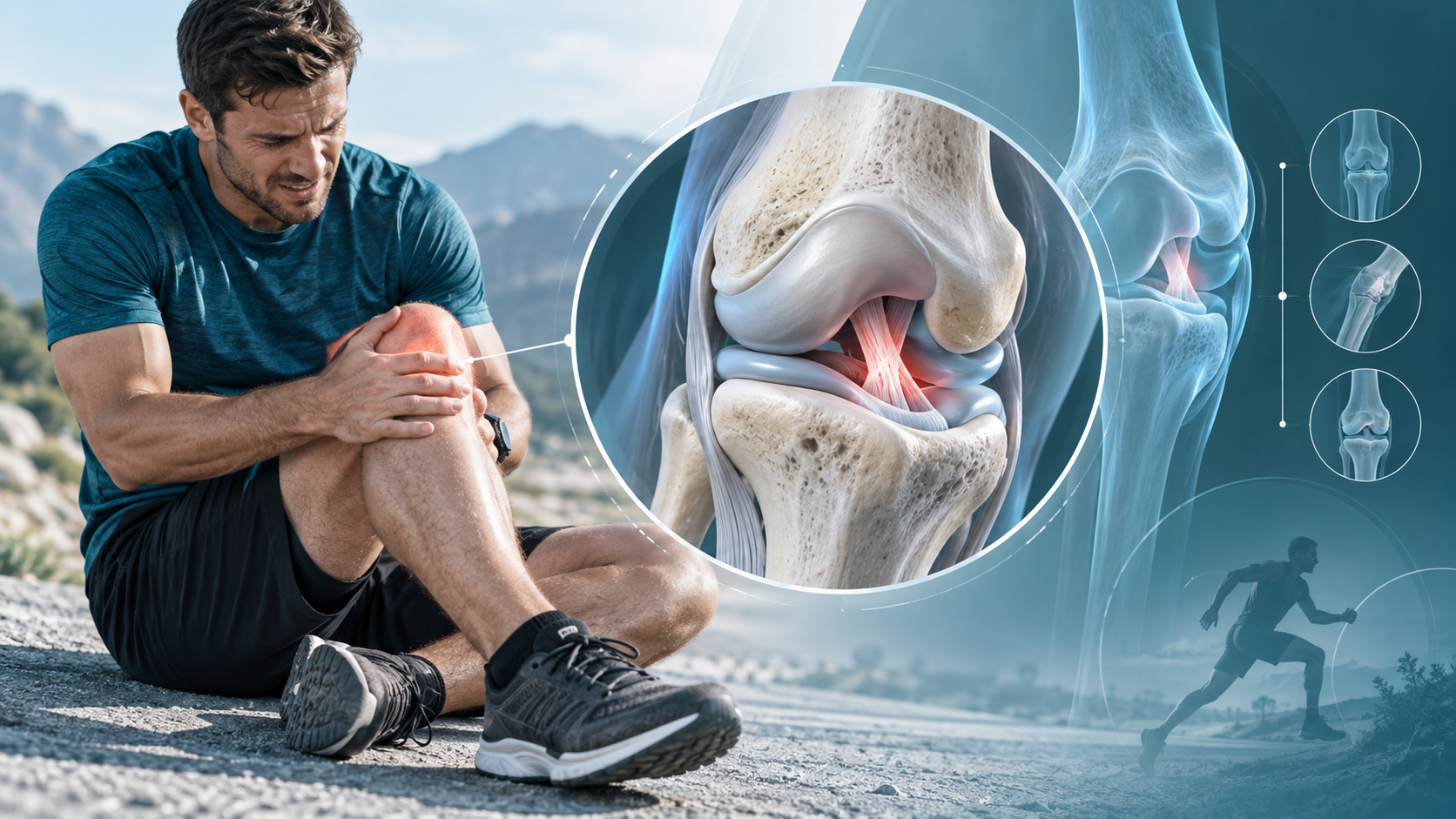Ilustración de un deportista con dolor de rodilla por rotura de ligamento