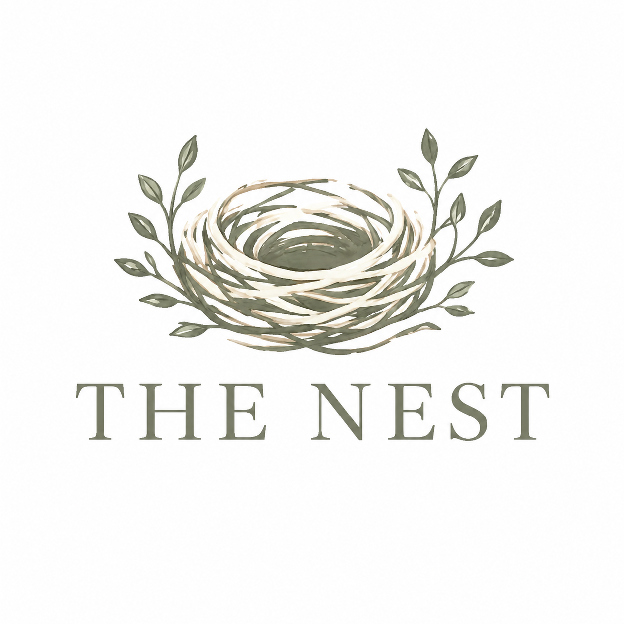 A stylized illustration of a bird's nest with green leaves, above the words 'The Nest' in uppercase letters.