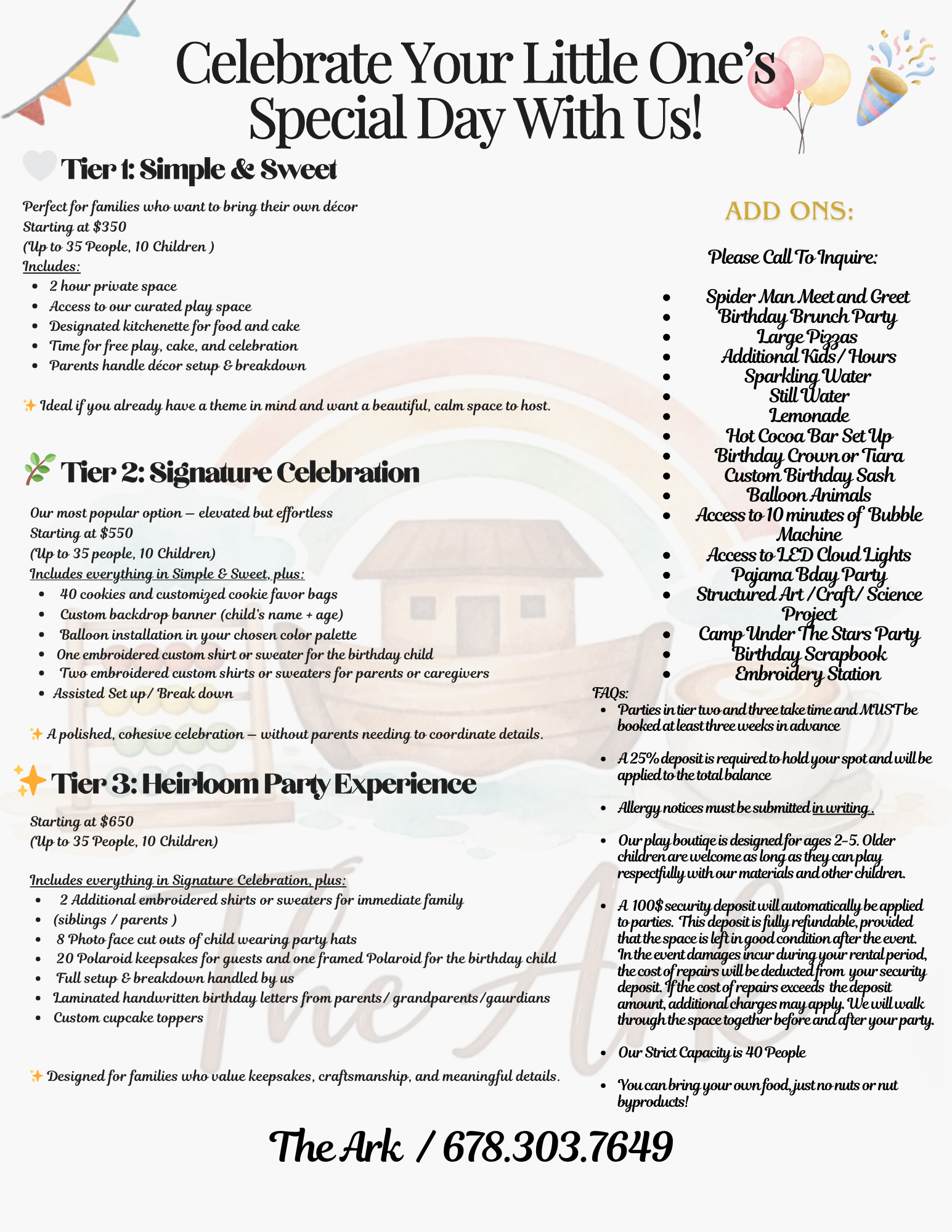 A flyer with a white background and decorative balloons, confetti, and party hats. The flyer promotes a children's birthday party event with various tiers of celebration options, including details about pricing, inclusions, add-ons, FAQs, and contact information. Banners, icons, and decorative elements are used throughout the flyer.