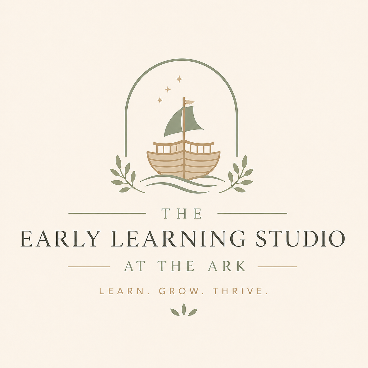 Logo for The Early Learning Studio at The Ark, featuring a stylized ship with a green sail inside an arch, surrounded by leaves and stars, with the tagline 'Learn. Grow. Thrive.'