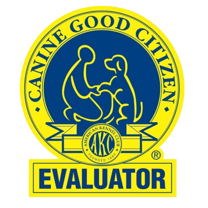 The logo of the American Kennel Club featuring a stylized image of a person and a dog, with the text "CANINE GOOD CITIZEN" and "EVALUATOR".