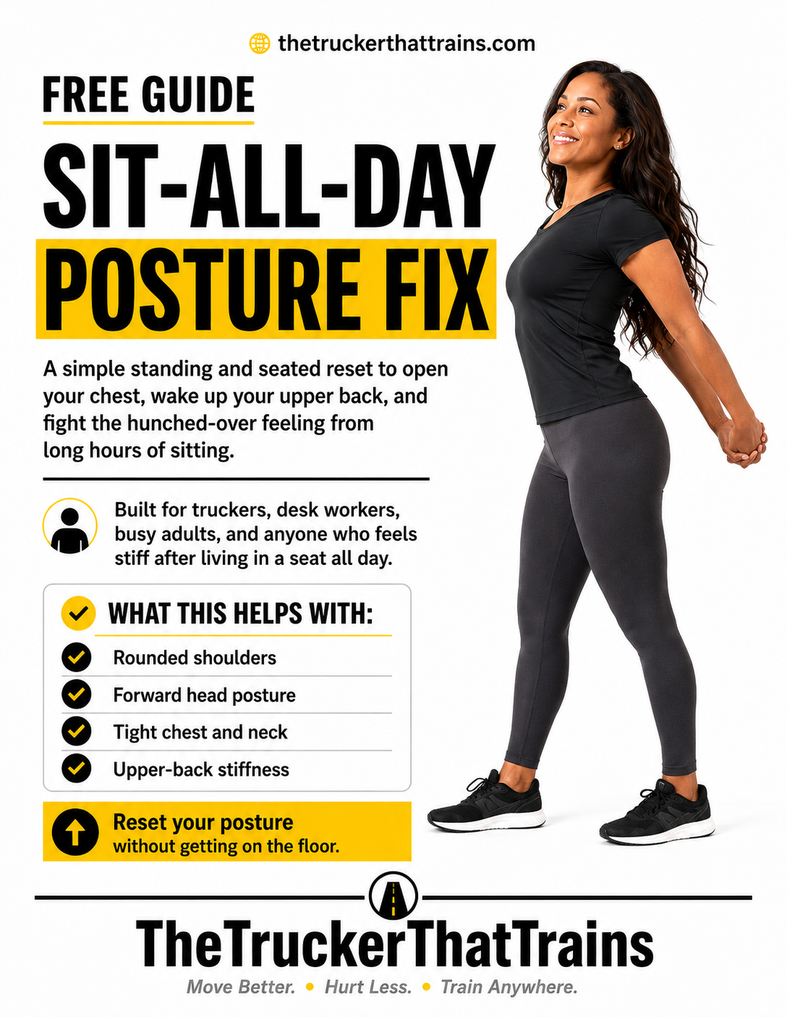 Cover of the Sit-All-Day Posture Fix guide by TheTruckerThatTrains, featuring a brown-skinned woman standing tall with open posture, designed to help with rounded shoulders, neck tension, tight chest, and upper-back stiffness from sitting.