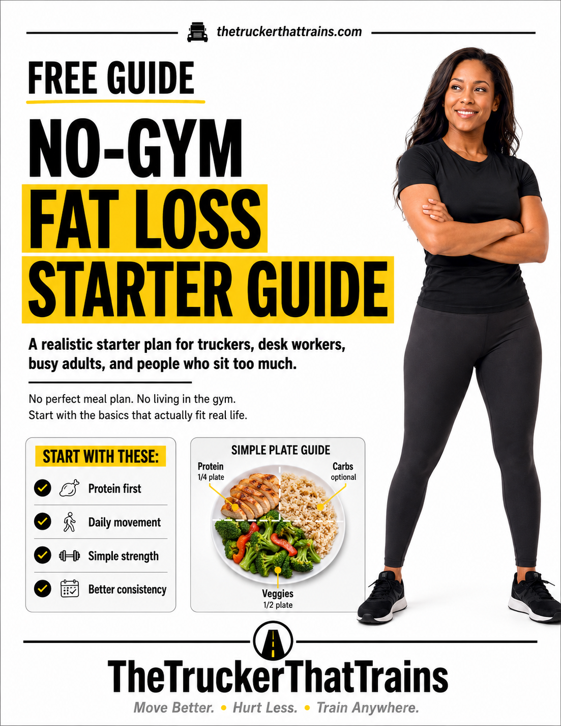 Cover of the No-Gym Fat Loss Starter Guide by TheTruckerThatTrains, featuring a realistic fat-loss starter plan with protein-first meals, daily movement, simple strength training, and consistency tips for busy adults who sit too much.