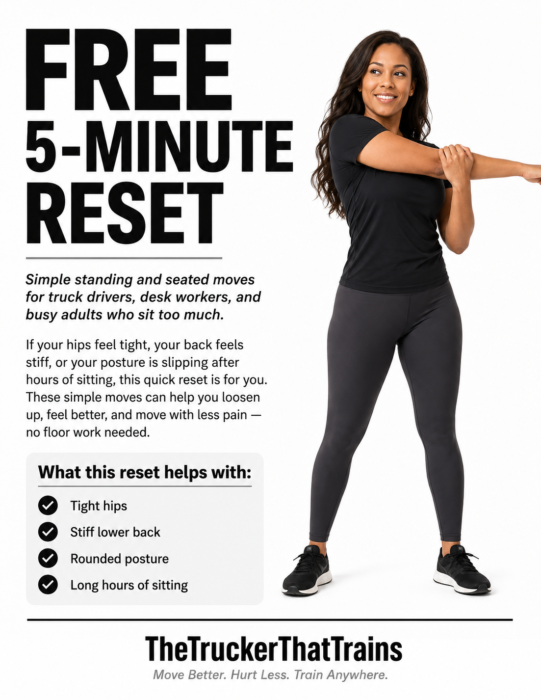 Cover of the Free 5-Minute Reset guide by TheTruckerThatTrains, featuring a brown-skinned woman demonstrating simple standing and seated mobility moves for tight hips, stiff backs, posture, and long hours of sitting.