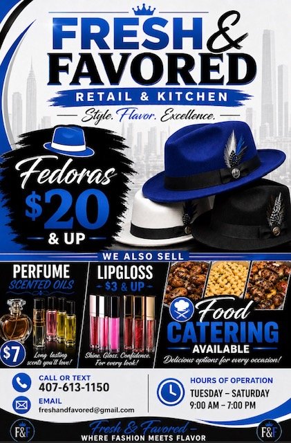 Advertisement for Fresh & Favored retail and kitchen store featuring Fedora hats priced at $20 and up, perfume scented oils for $7, lip gloss starting at $3, and food catering options, with store hours from 9 am to 7 pm Tuesday to Saturday.