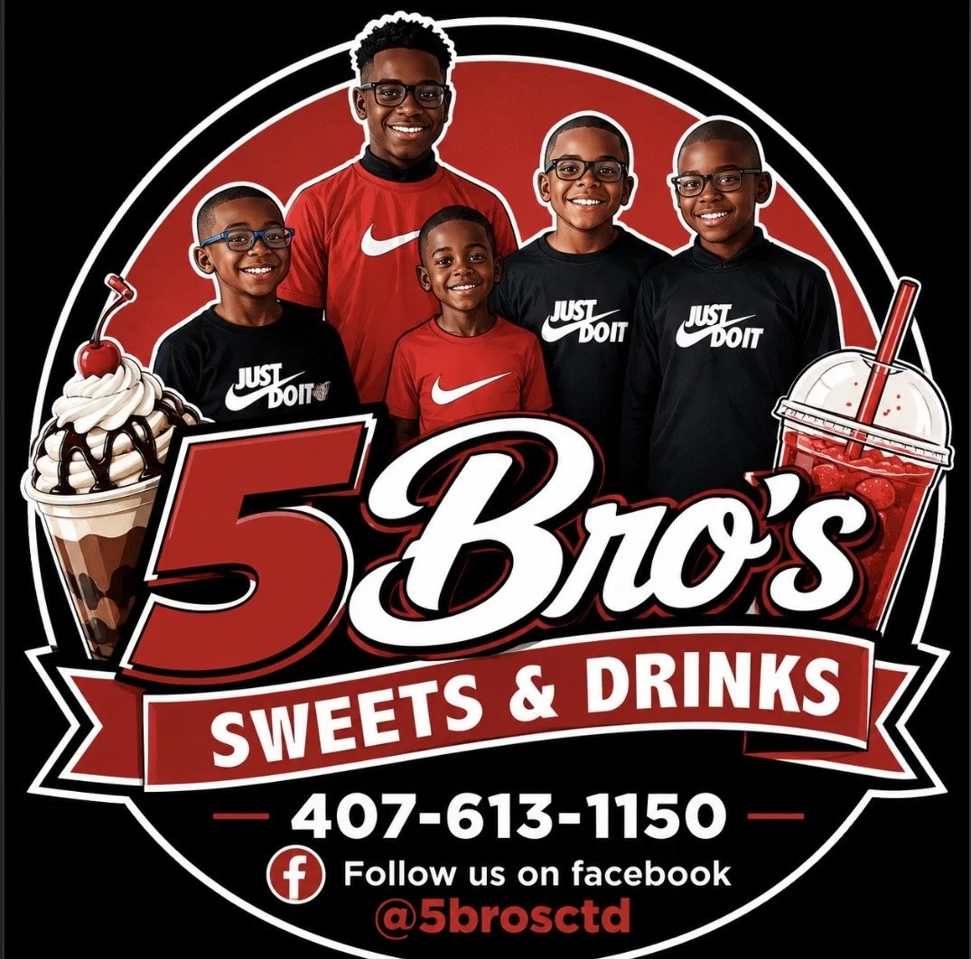 A logo for 5 Bros Sweets & Drinks featuring five boys smiling, wearing Nike shirts for some and glasses. The logo includes images of a sundae and a cherry and a slush drink, with the business phone number, Facebook handle, and a call to follow on Facebook.